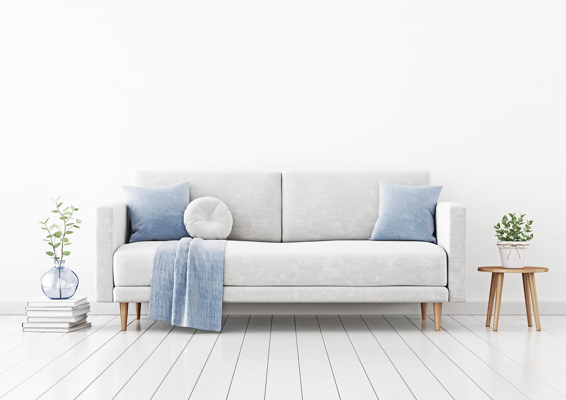 Living room interior wall mockup with gray velvet sofa, blue pillows and plaid, plant in vase and coffee table with pot on empty white wall background. 3D rendering, illustration.